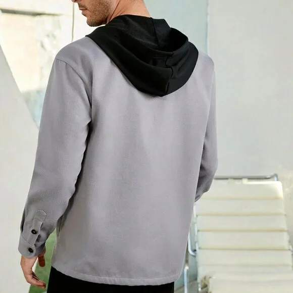 Grey Casual Mens Flap Detail Hooded Coat - Picture 4 of 5